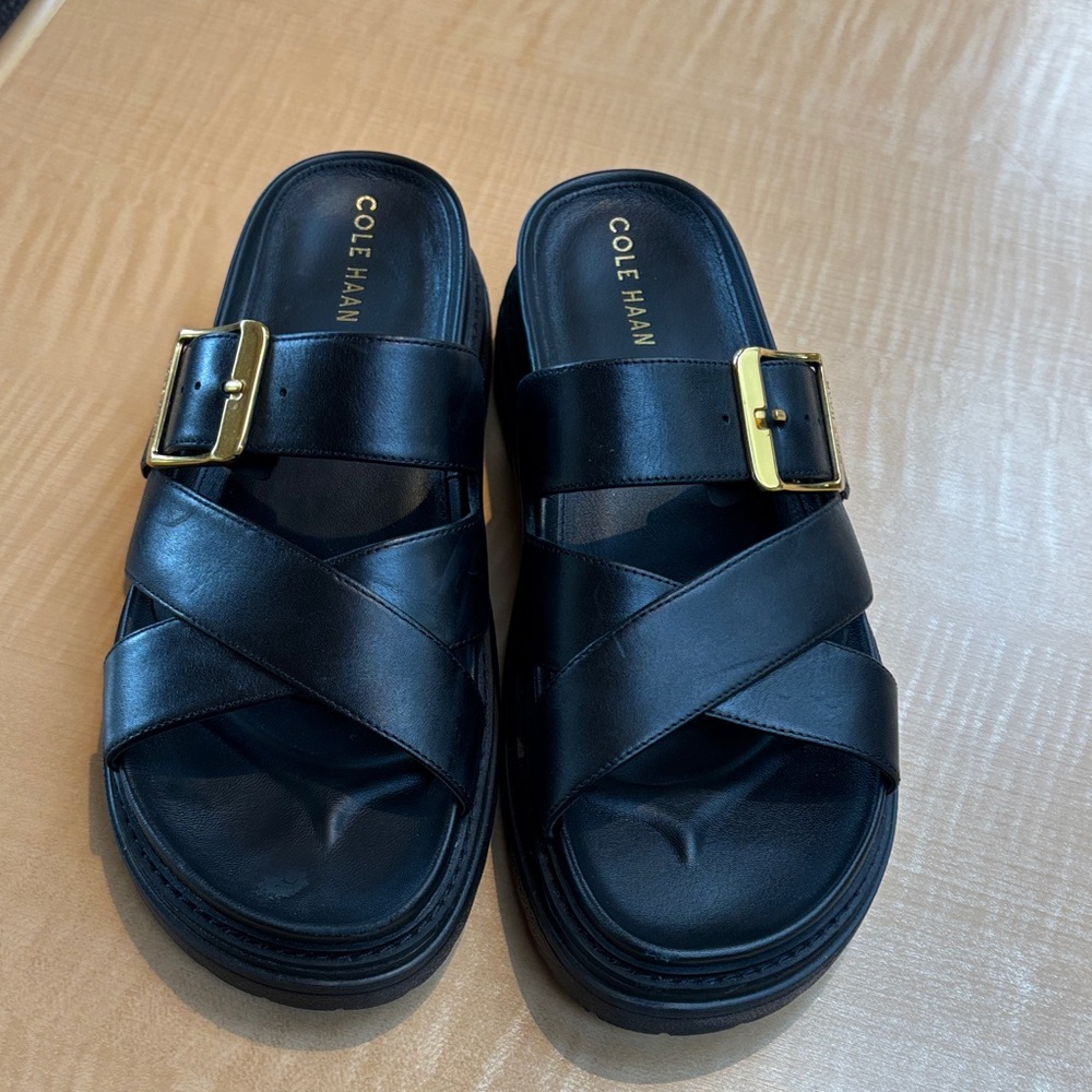 Cole Haan Women's Fraya Slide Black Sandals with Gold Buckle Sz.8